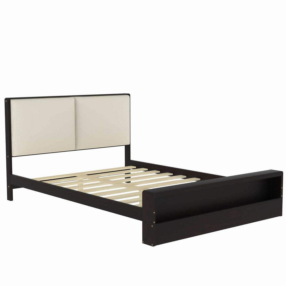 Queen Size Platform Bed Frame with Upholstery Headboard and Bookshelf