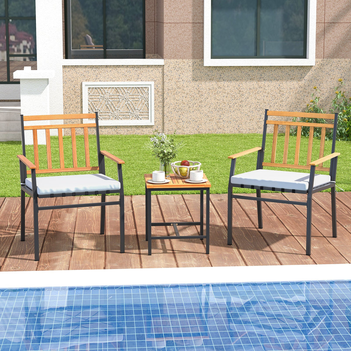 3 Pieces Outdoor Set Acacia Wood Patio Conversation Set with Cushions
