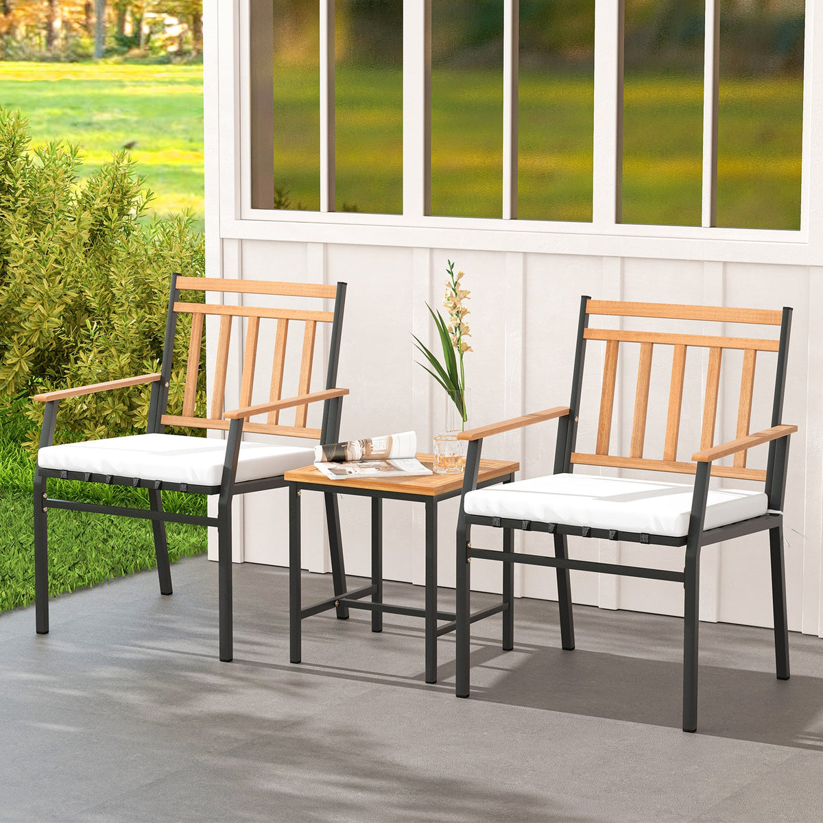 3 Pieces Outdoor Set Acacia Wood Patio Conversation Set with Cushions