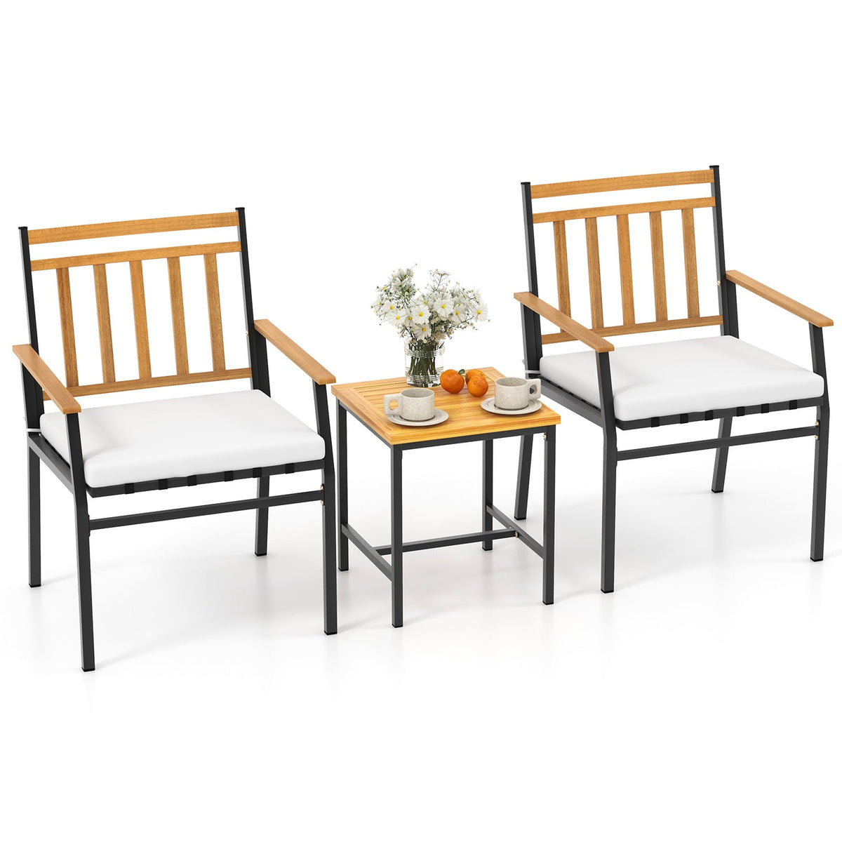 3 Pieces Outdoor Set Acacia Wood Patio Conversation Set with Cushions