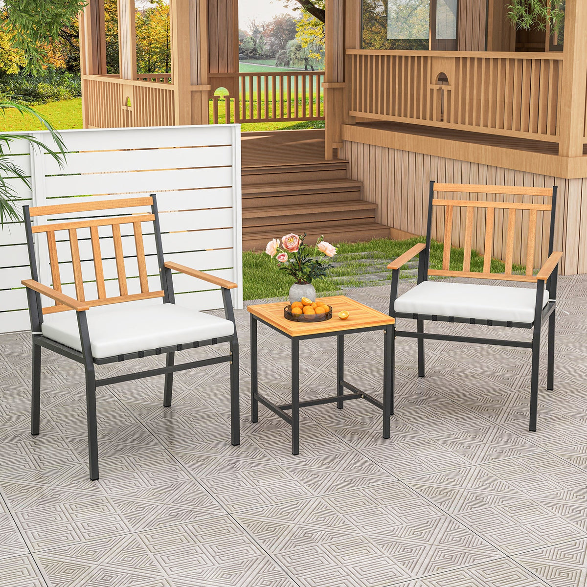 3 Pieces Outdoor Set Acacia Wood Patio Conversation Set with Cushions