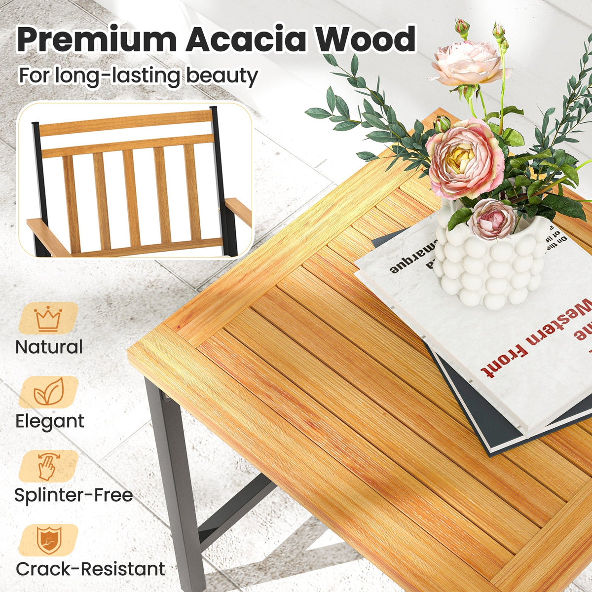 3 Pieces Outdoor Set Acacia Wood Patio Conversation Set with Cushions