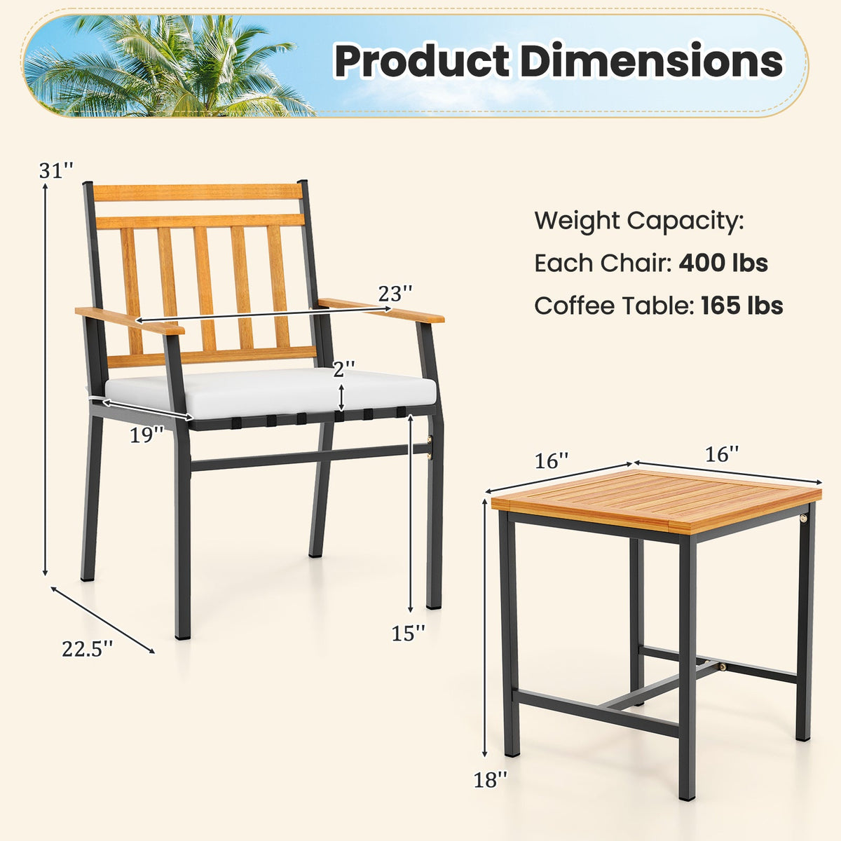 3 Pieces Outdoor Set Acacia Wood Patio Conversation Set with Cushions