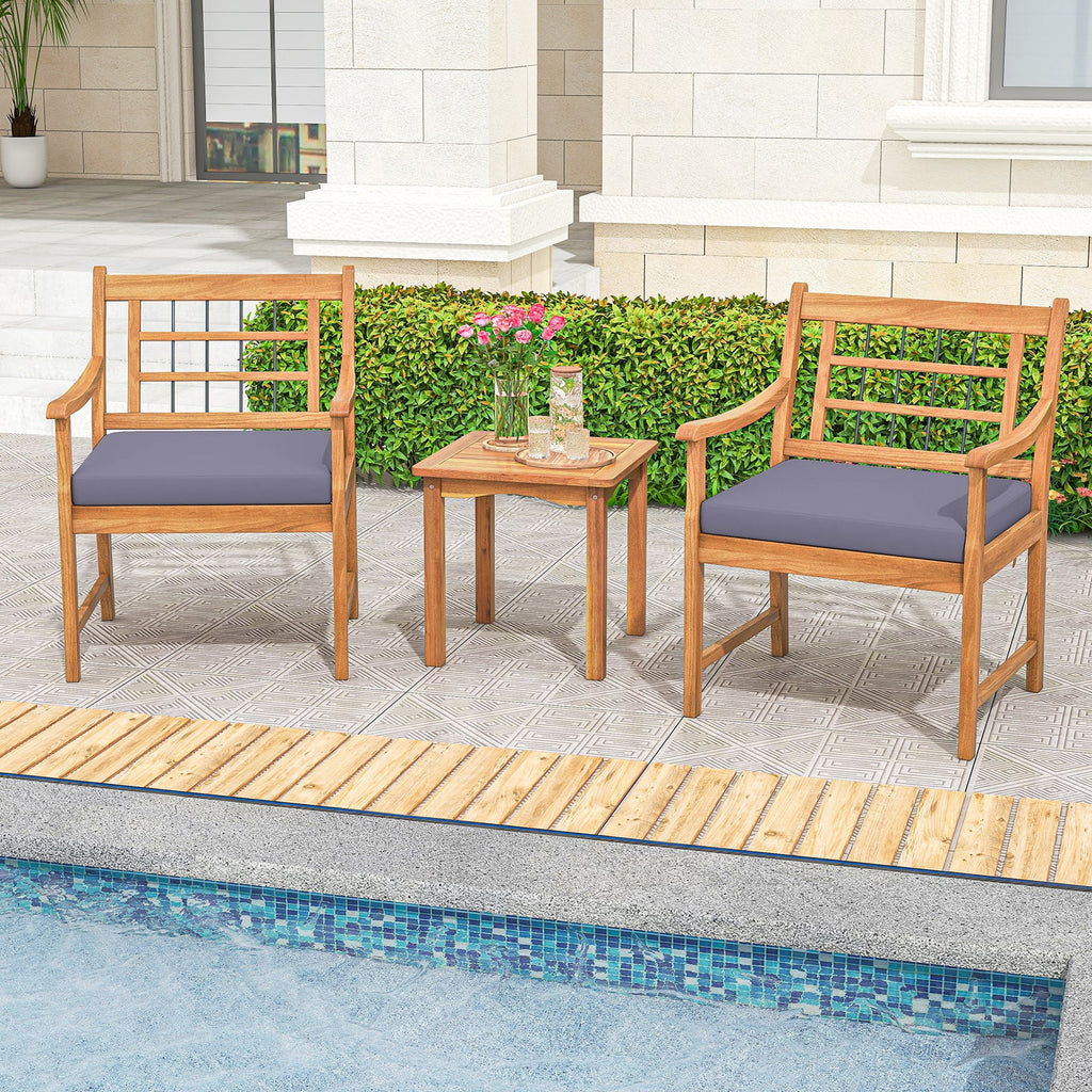 3 Piece Wood Patio Set with Seat Cushions and Acacia Wood Frame