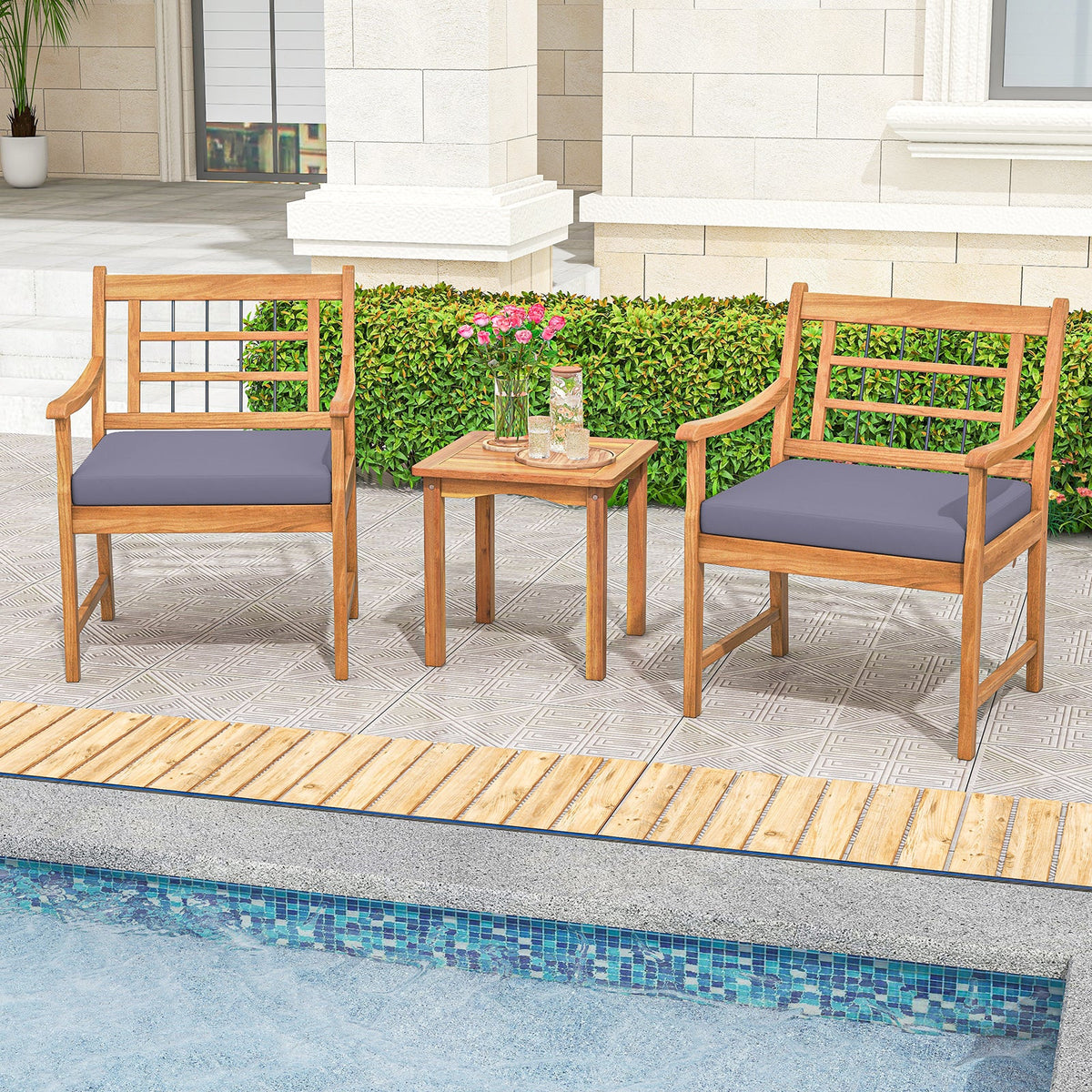 3 Piece Wood Patio Set with Seat Cushions and Acacia Wood Frame