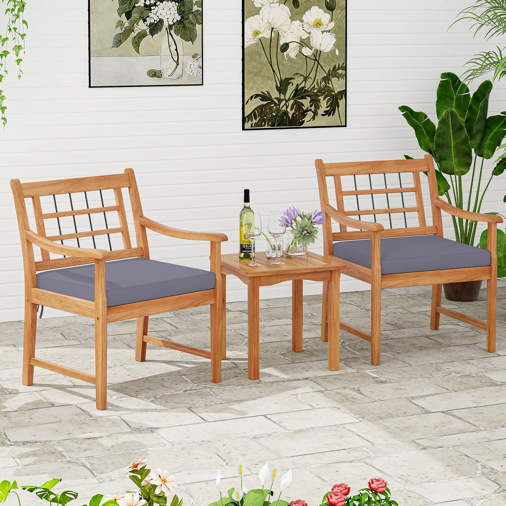 3 Piece Wood Patio Set with Seat Cushions and Acacia Wood Frame