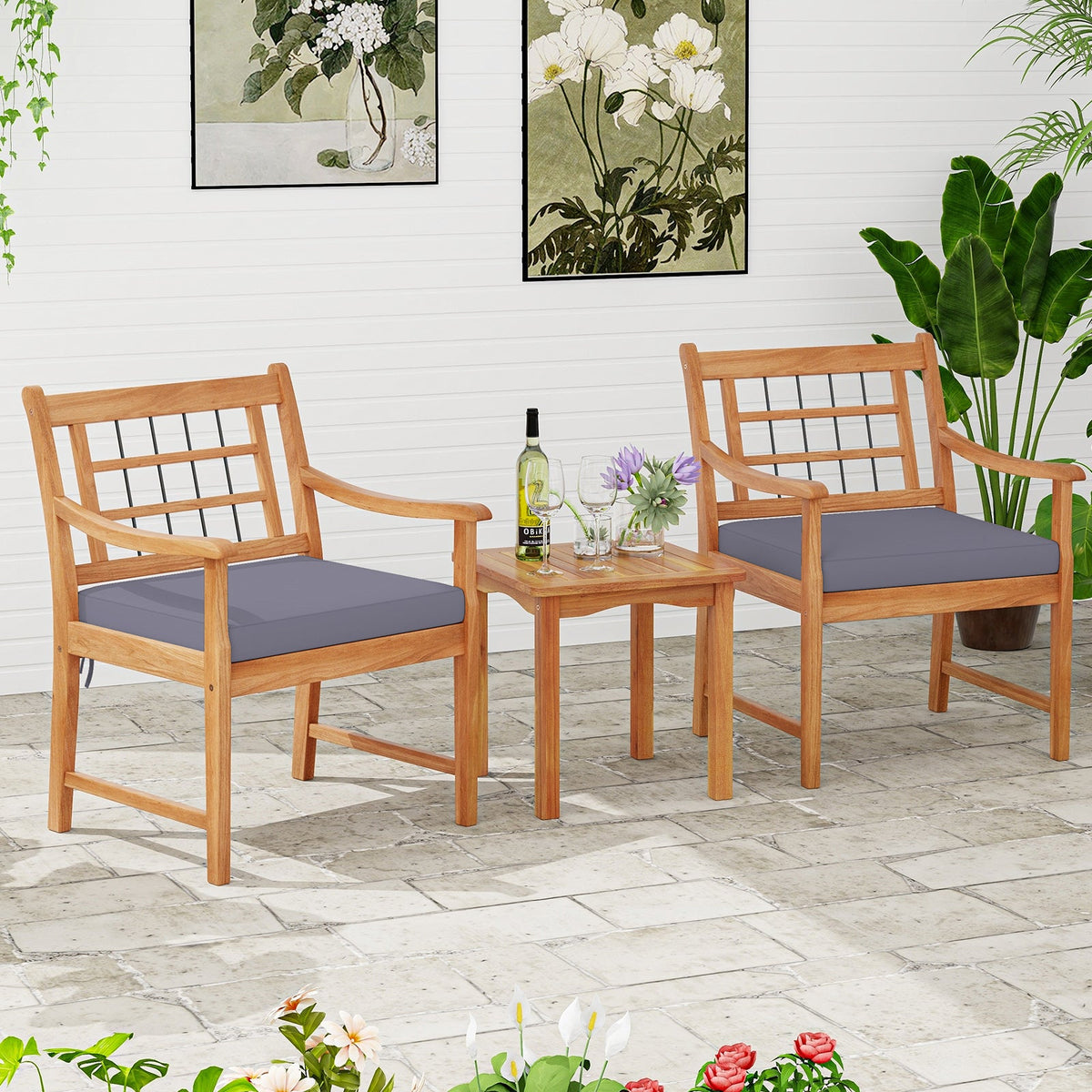 3 Piece Wood Patio Set with Seat Cushions and Acacia Wood Frame