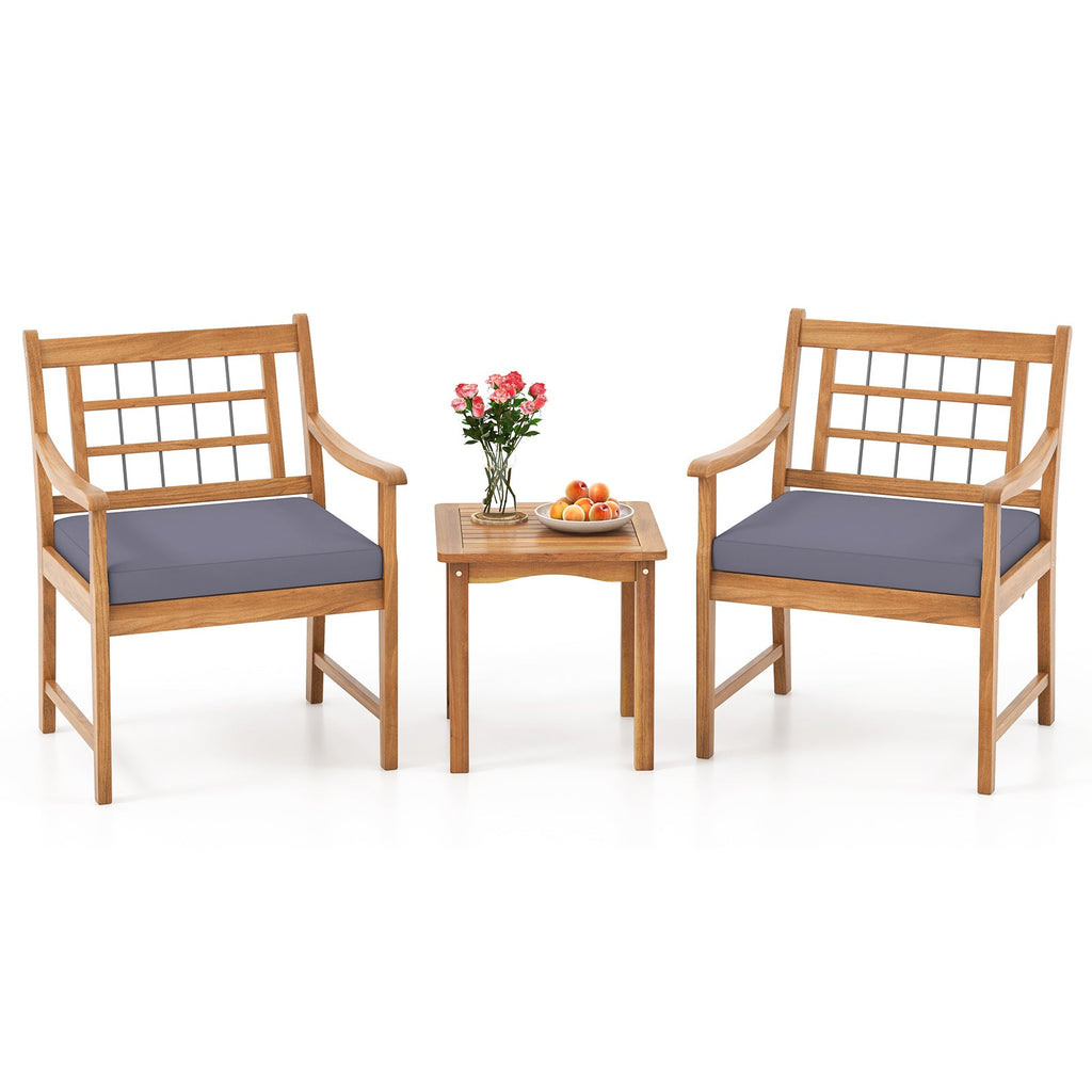 3 Piece Wood Patio Set with Seat Cushions and Acacia Wood Frame