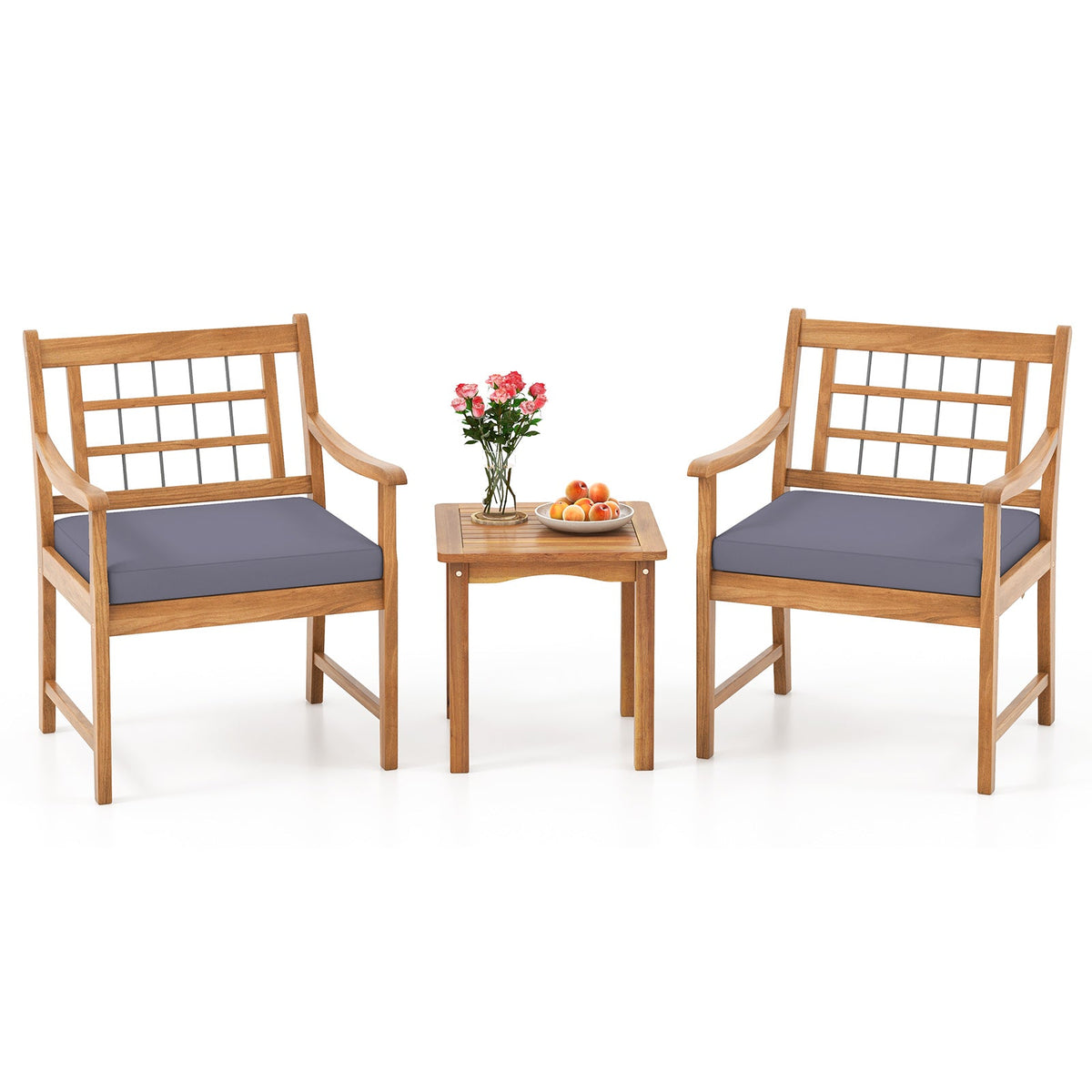 3 Piece Wood Patio Set with Seat Cushions and Acacia Wood Frame