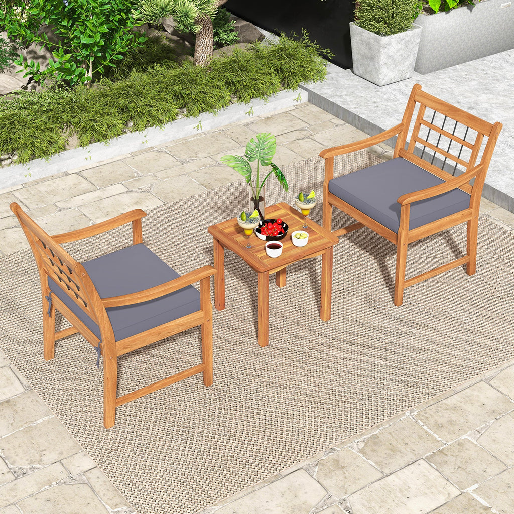 3 Piece Wood Patio Set with Seat Cushions and Acacia Wood Frame