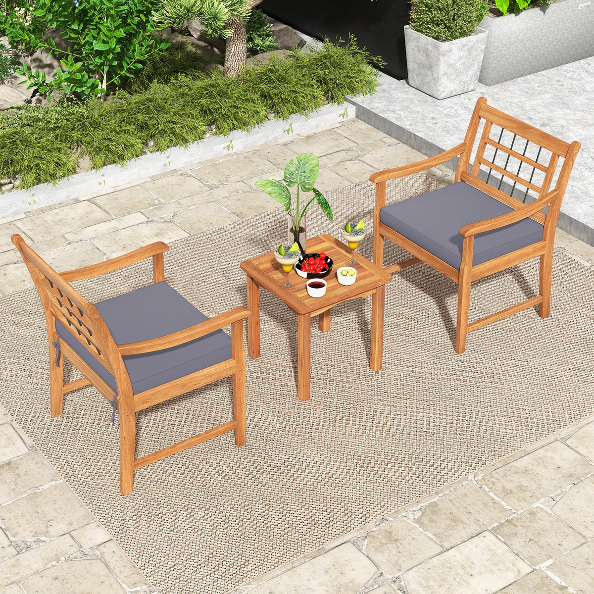 3 Piece Wood Patio Set with Seat Cushions and Acacia Wood Frame