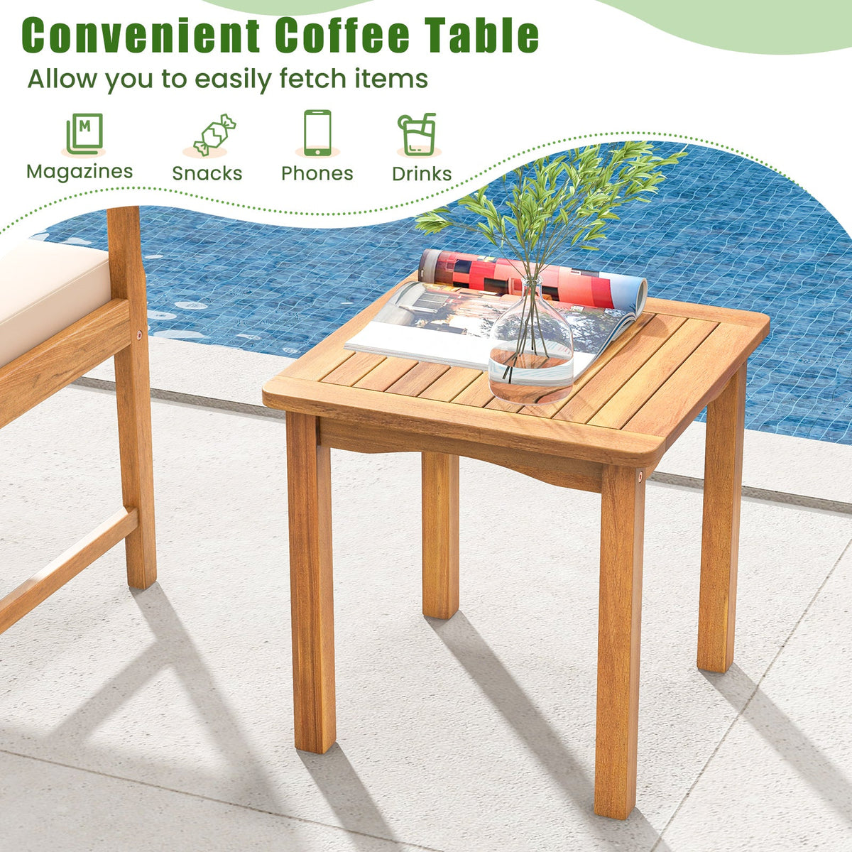 3 Piece Wood Patio Set with Seat Cushions and Acacia Wood Frame