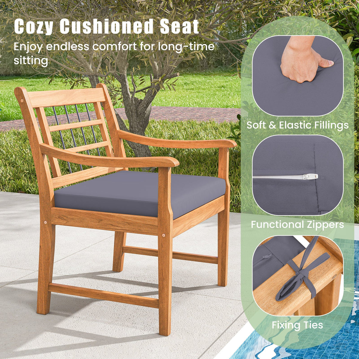 3 Piece Wood Patio Set with Seat Cushions and Acacia Wood Frame