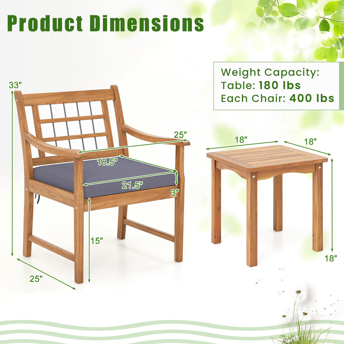 3 Piece Wood Patio Set with Seat Cushions and Acacia Wood Frame