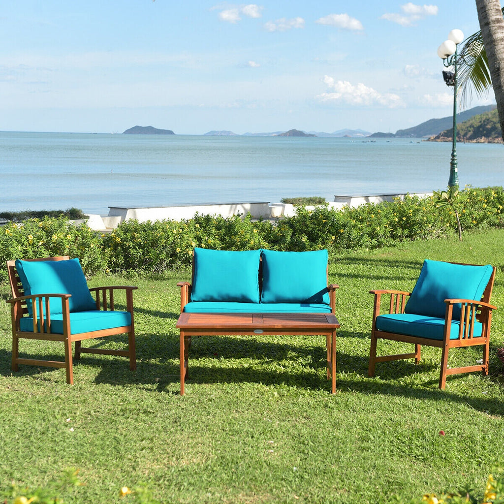 4 Pcs Wooden Patio Set Table Sofa Chair