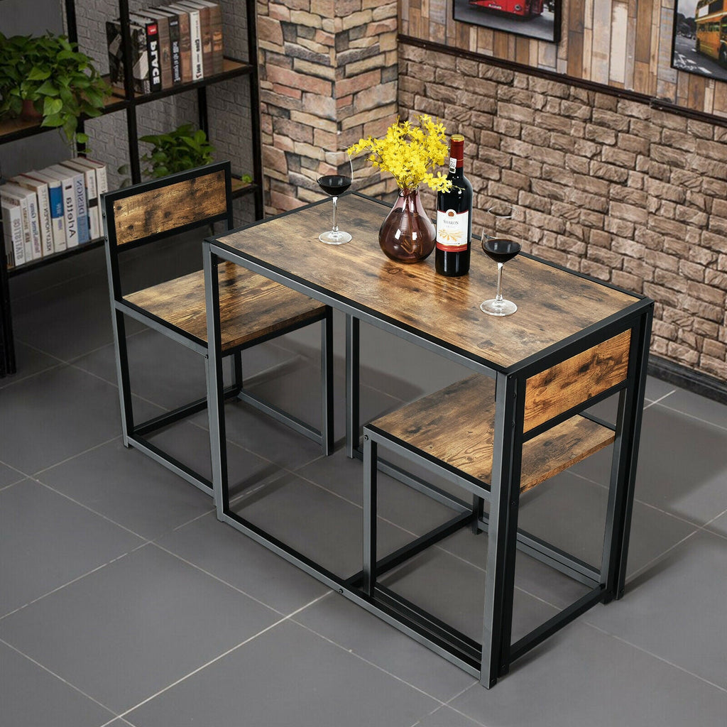 3 Pcs Dining Set Compact Table and 2 Chair with Metal Frame