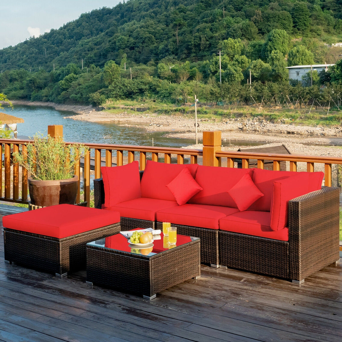 5 Pcs Patio Rattan Furniture Set, Sectional Navy Cushions-Turquoise