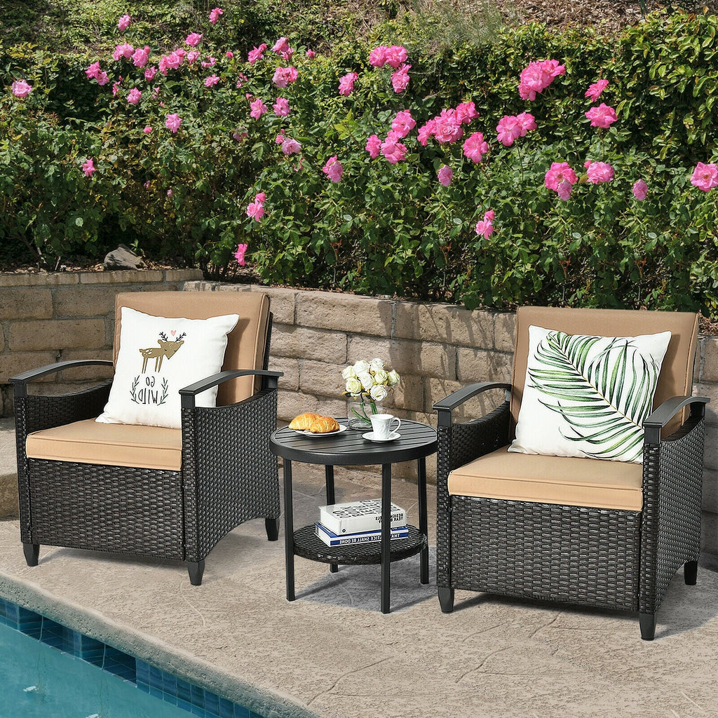 3 Pieces Patio Rattan Set Cushioned Sofa Storage Table with Shelf