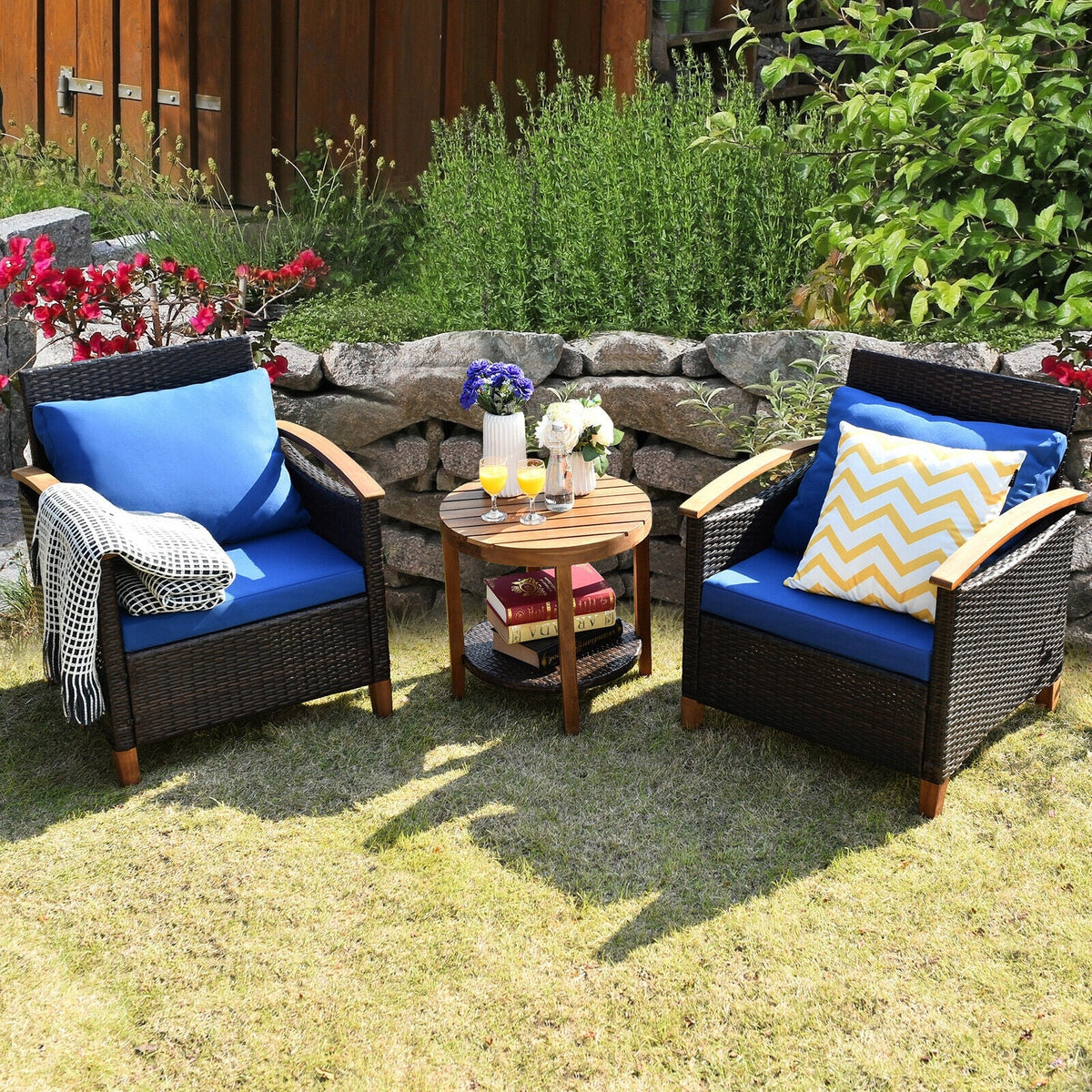 3 Pieces Patio Rattan Set with Washable Cushion and Acacia Tabletop