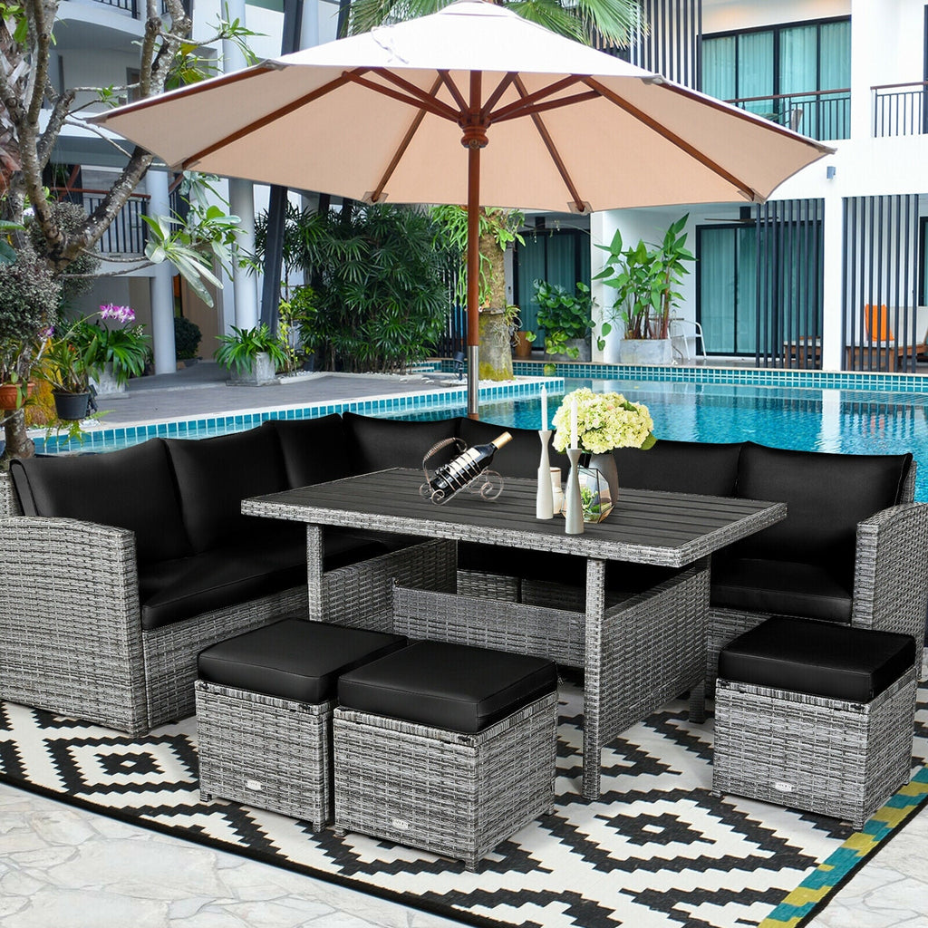7 Pieces Patio Rattan Dining Sectional Sofa Set with Wicker Ottoman