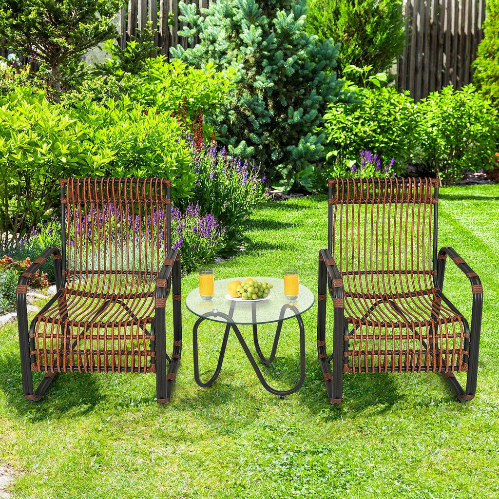 3 Pieces Patio Rattan Set with 2 Single Wicker Chairs and Glass Side Table