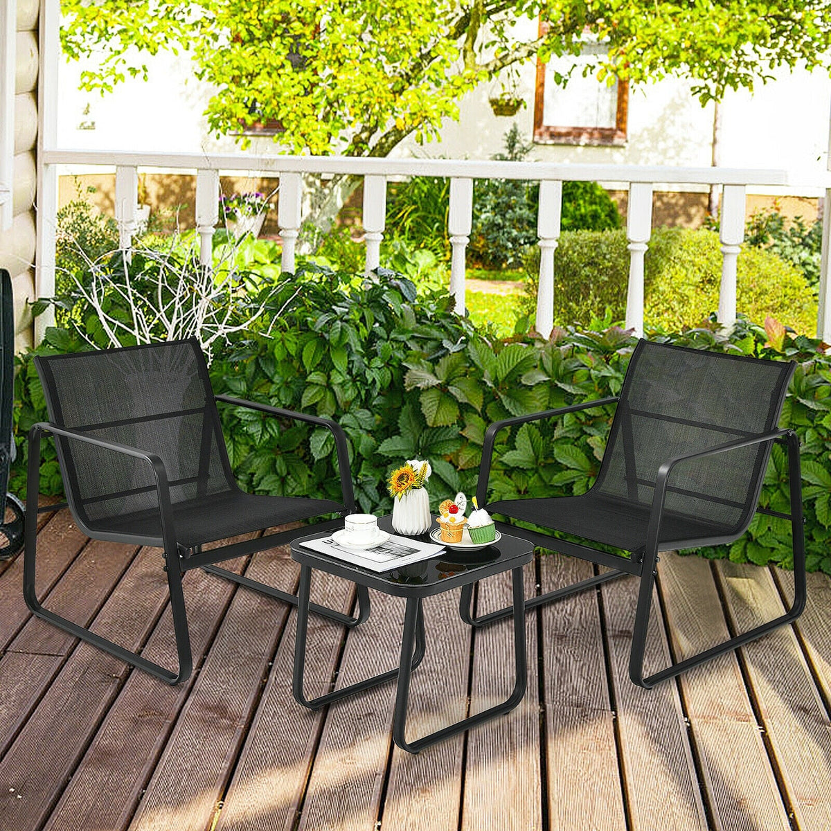 3 Pieces Patio Set with Glass Top Table Garden Deck-Black