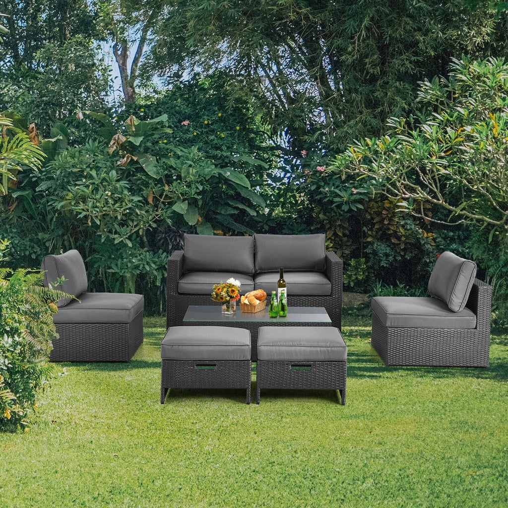 6 Pieces Patio Rattan Set with Glass Table and Cushioned Seat-Gray
