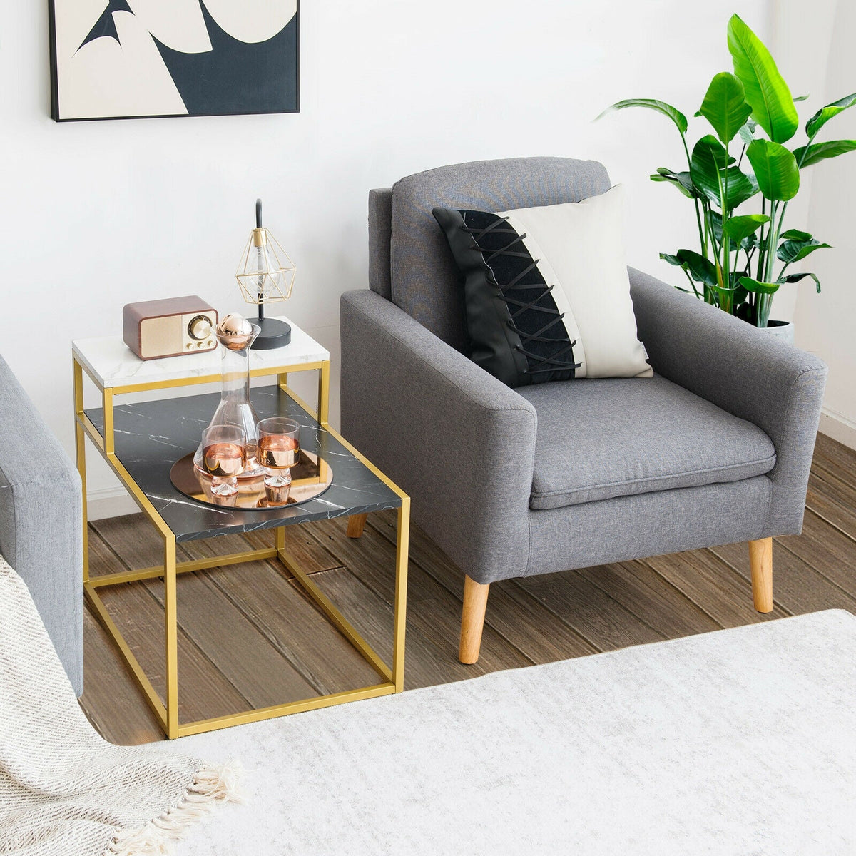 2 Tier End Side Table with  Metal Frame and Storage Shelf