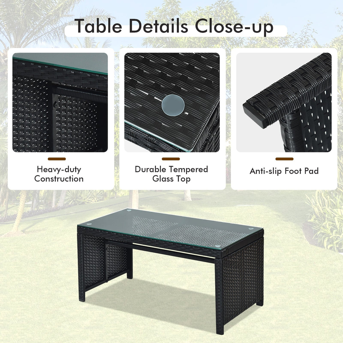 4 Pieces Rattan Patio Set with Weather Resistant Cushions and Glass Tabletop