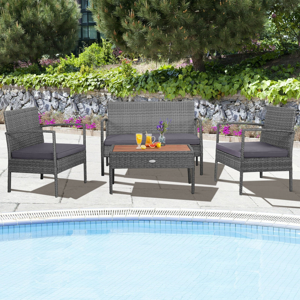 4 Pieces Rattan Patio Conversation Set with Acacia Wood Tabletop