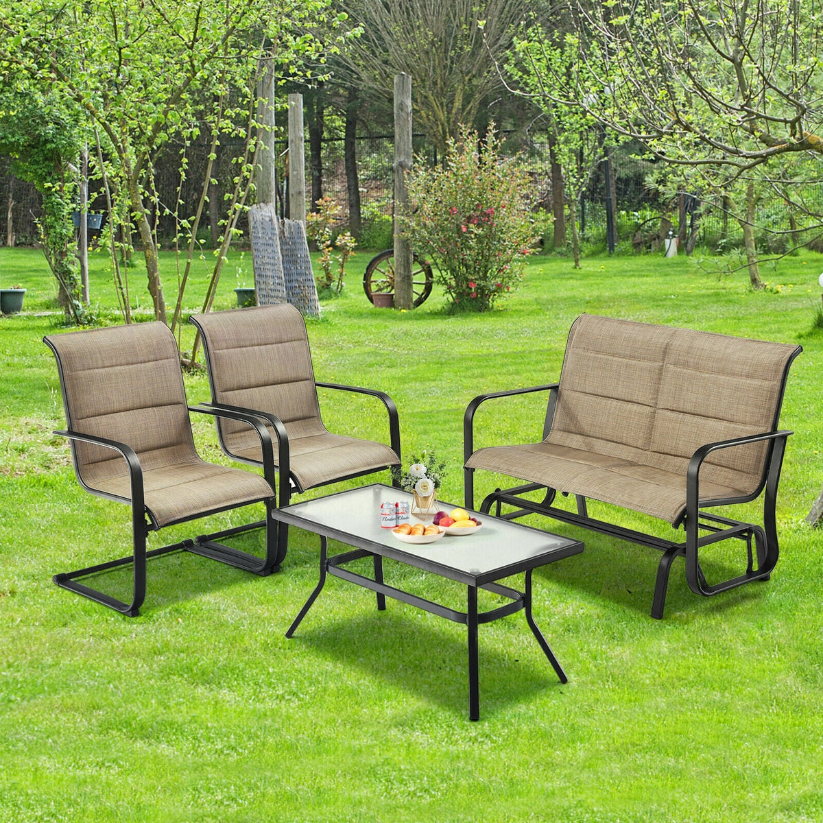 4 Pieces Patio Set with Padded Glider Loveseat and Coffee Table-Brown