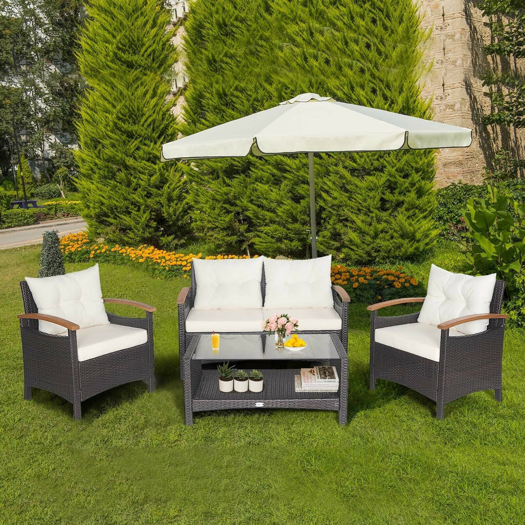 4 Pieces Patio Rattan Set with Cushioned Sofa and Storage Table