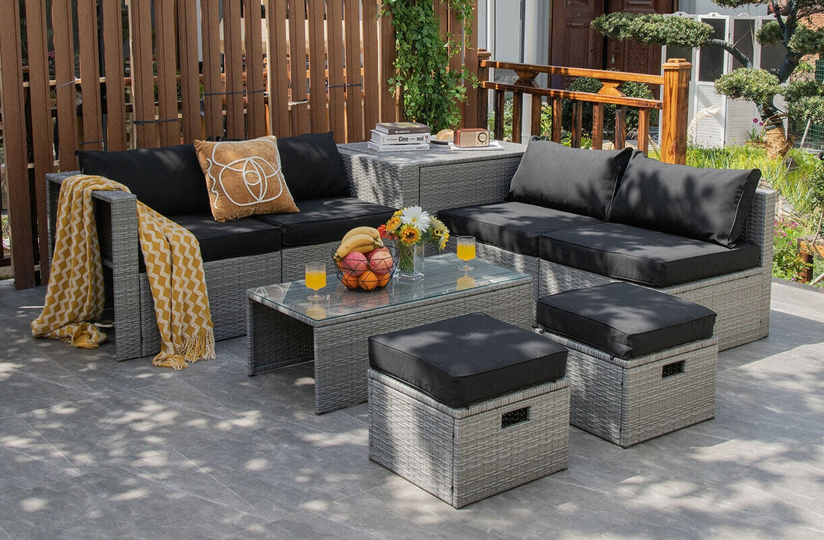 8 Pieces Patio Rattan Set with Storage Waterproof Cover and Cushion