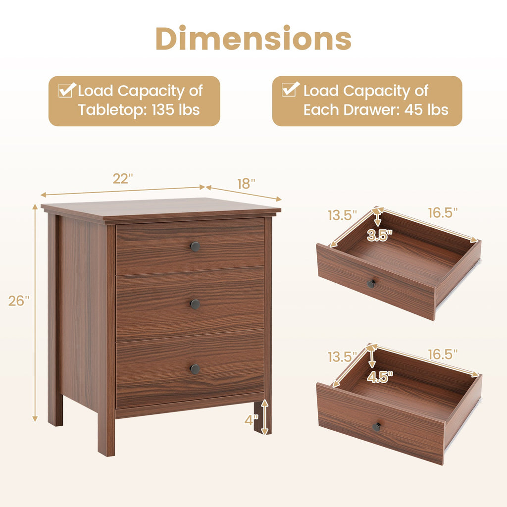 3-Drawer Wooden Nightstand Modern Bedside Table