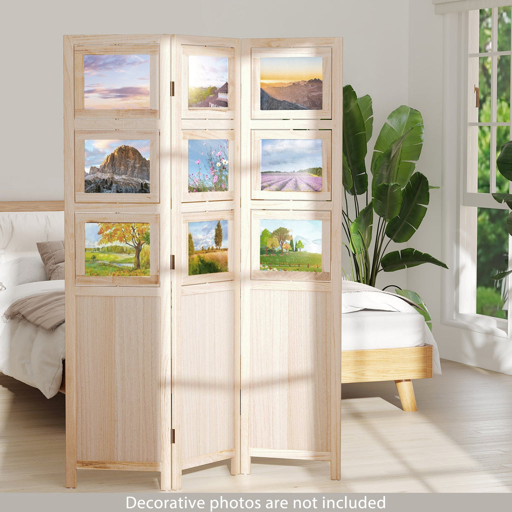3 Panel Folding Privacy Screen with 9 Swivel Paulownia Wood Photo Frames