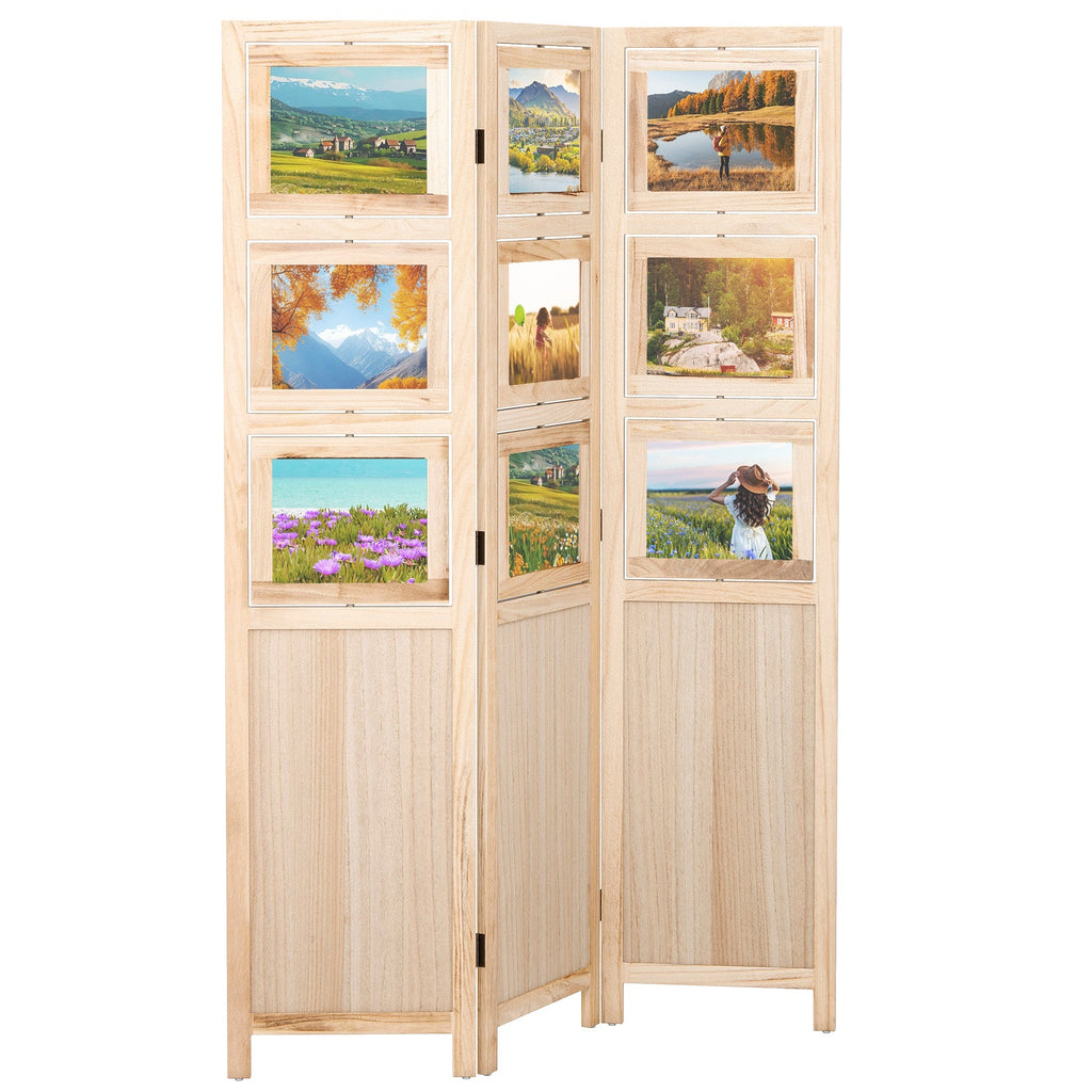 3 Panel Folding Privacy Screen with 9 Swivel Paulownia Wood Photo Frames