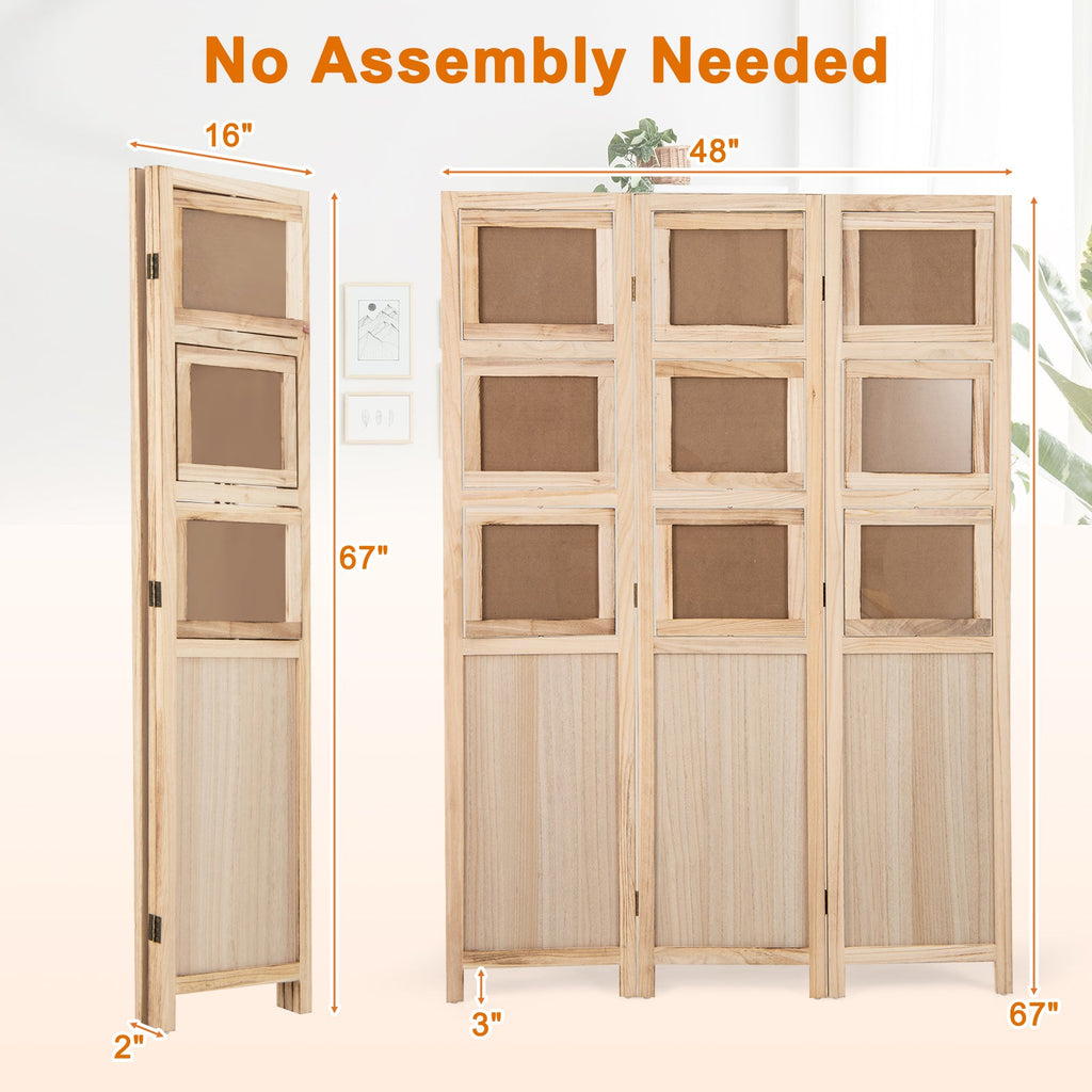 3 Panel Folding Privacy Screen with 9 Swivel Paulownia Wood Photo Frames