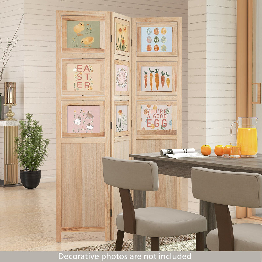 3 Panel Folding Privacy Screen with 9 Swivel Paulownia Wood Photo Frames