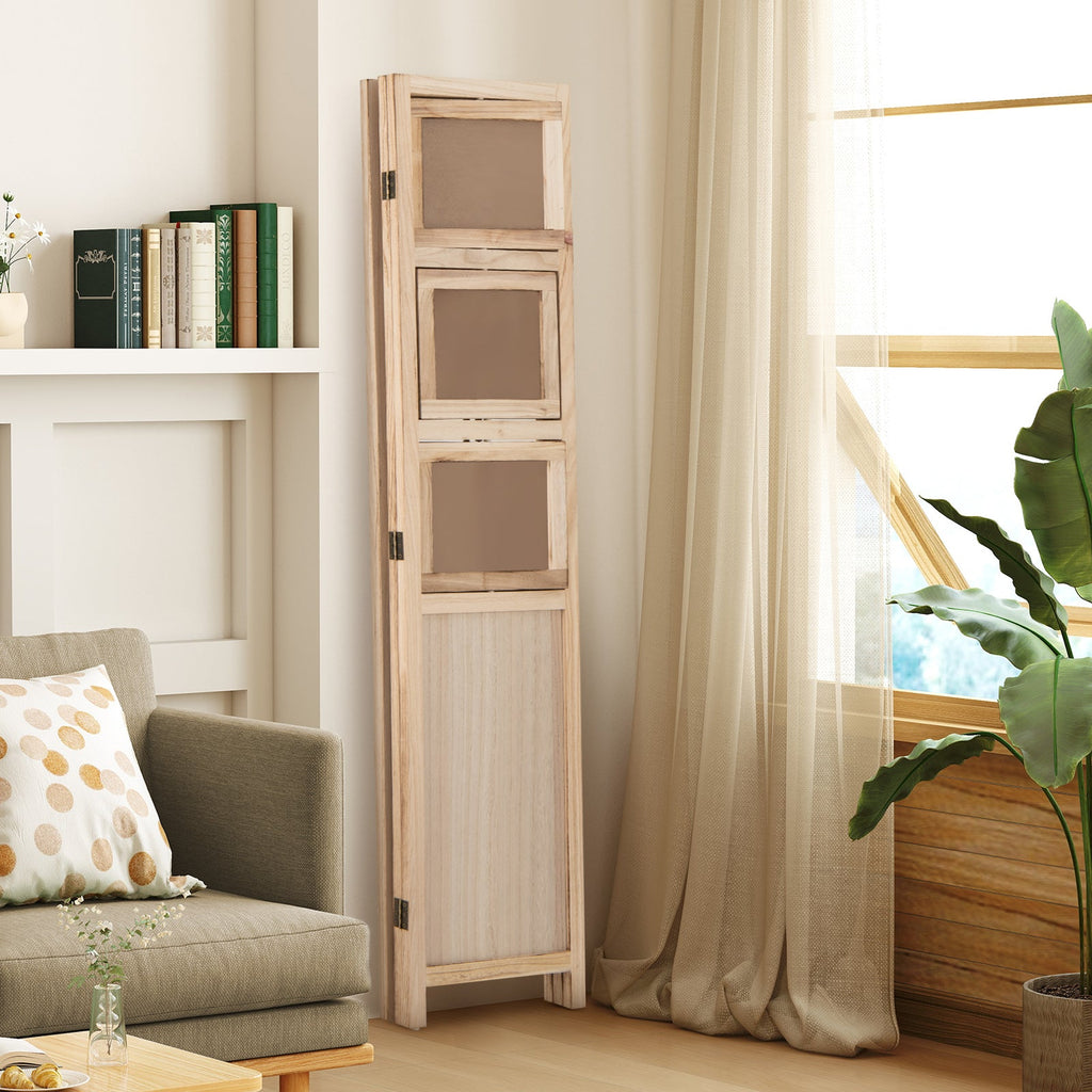 3 Panel Folding Privacy Screen with 9 Swivel Paulownia Wood Photo Frames