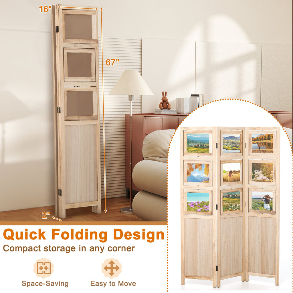 3 Panel Folding Privacy Screen with 9 Swivel Paulownia Wood Photo Frames
