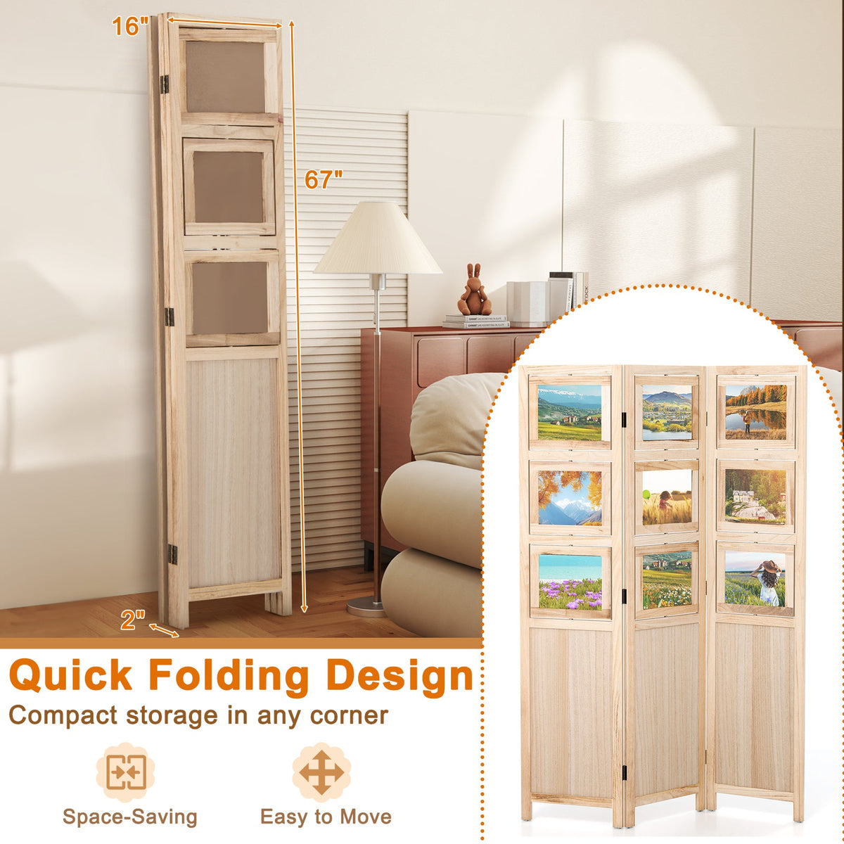 3 Panel Folding Privacy Screen with 9 Swivel Paulownia Wood Photo Frames