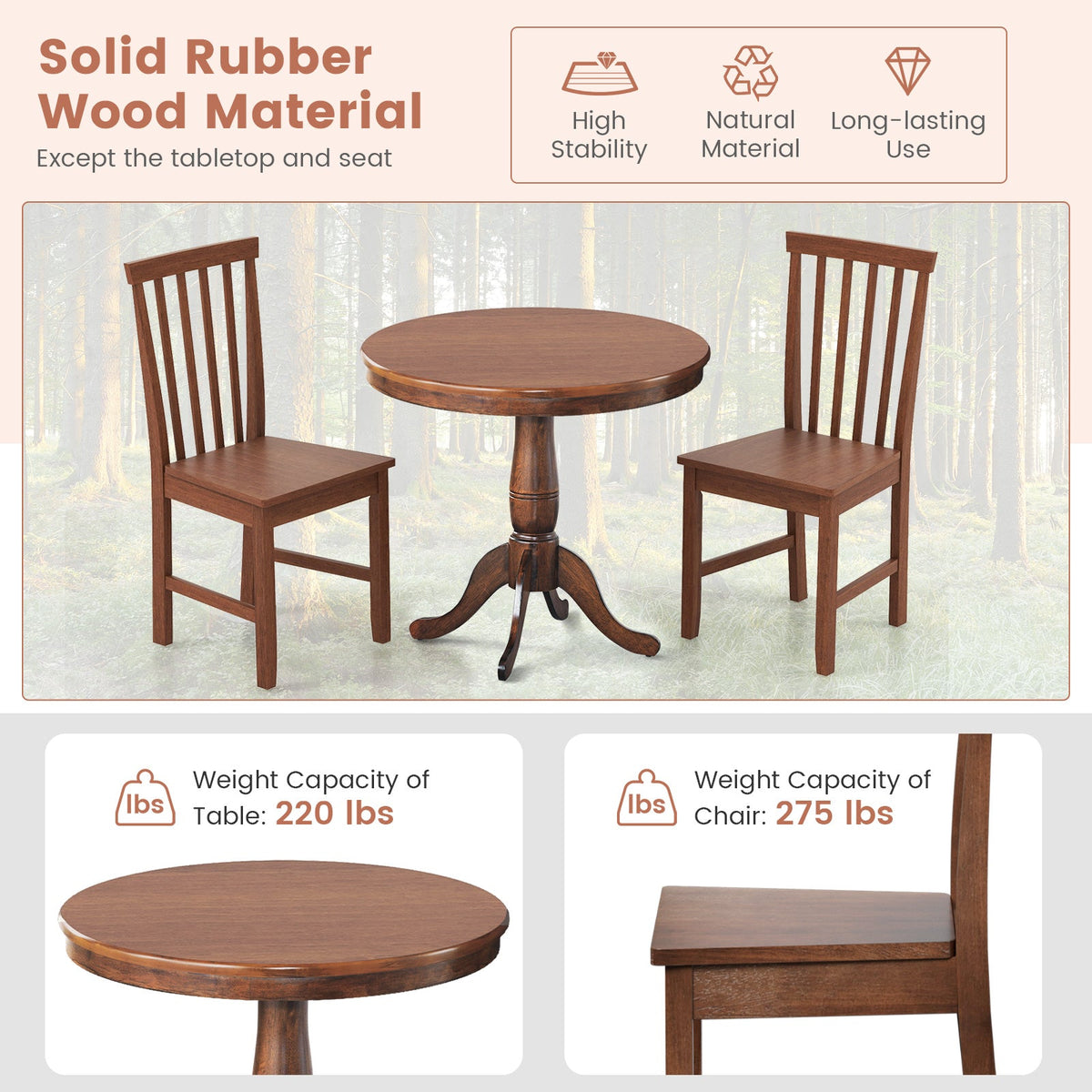 3 Pieces Wooden Dining Table and Chair Set