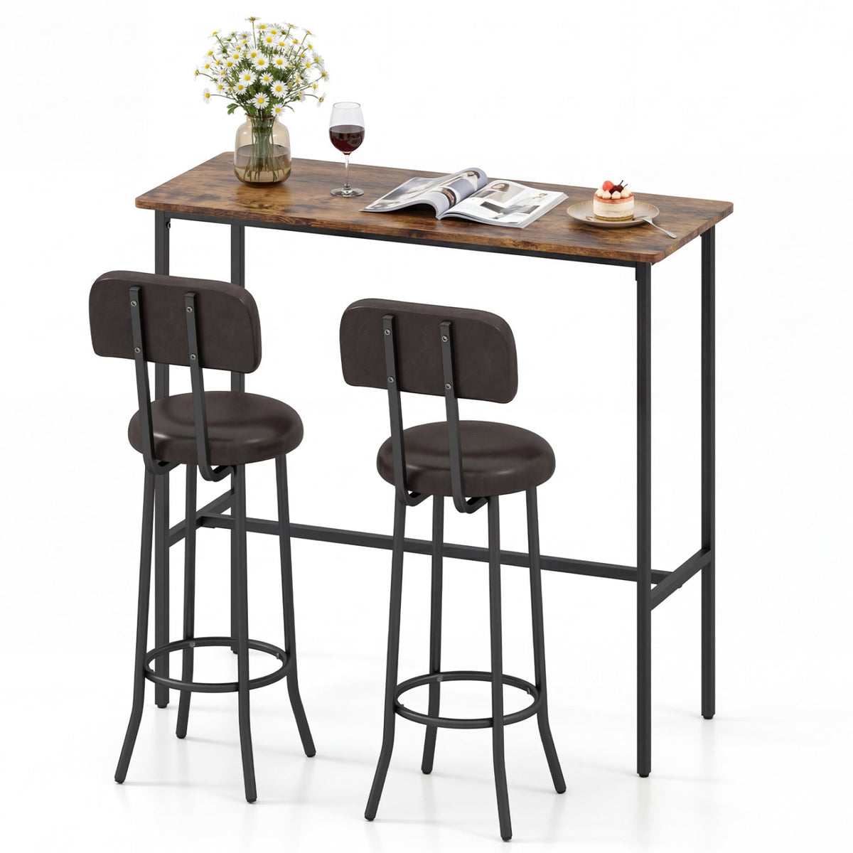 3-Piece Bar Table Set with 2 Upholstered Stools and Footrests