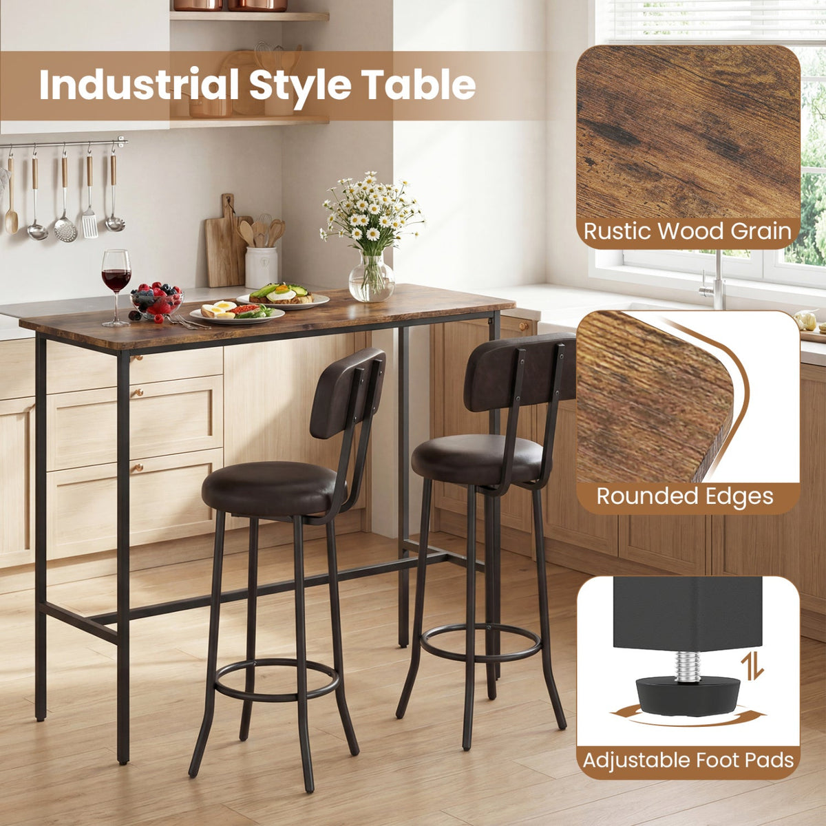 3-Piece Bar Table Set with 2 Upholstered Stools and Footrests