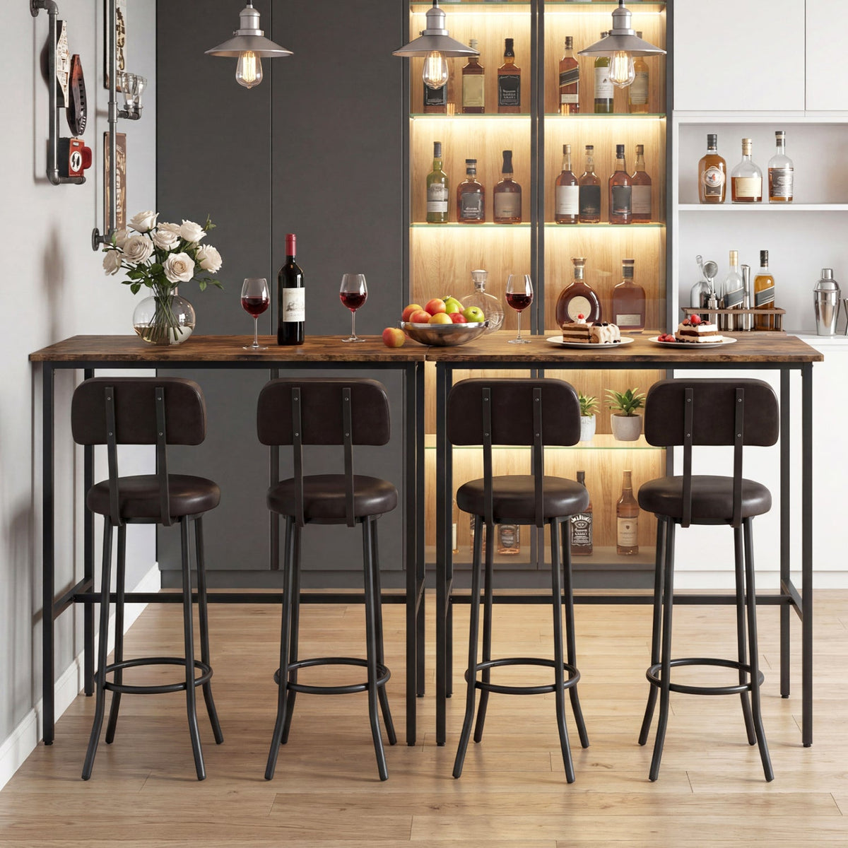 3-Piece Bar Table Set with 2 Upholstered Stools and Footrests