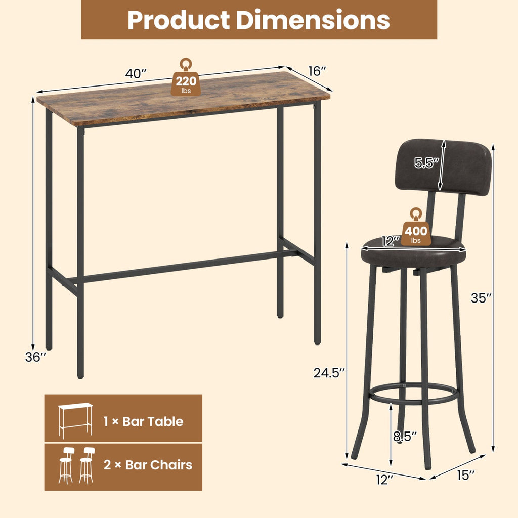 3-Piece Bar Table Set with 2 Upholstered Stools and Footrests
