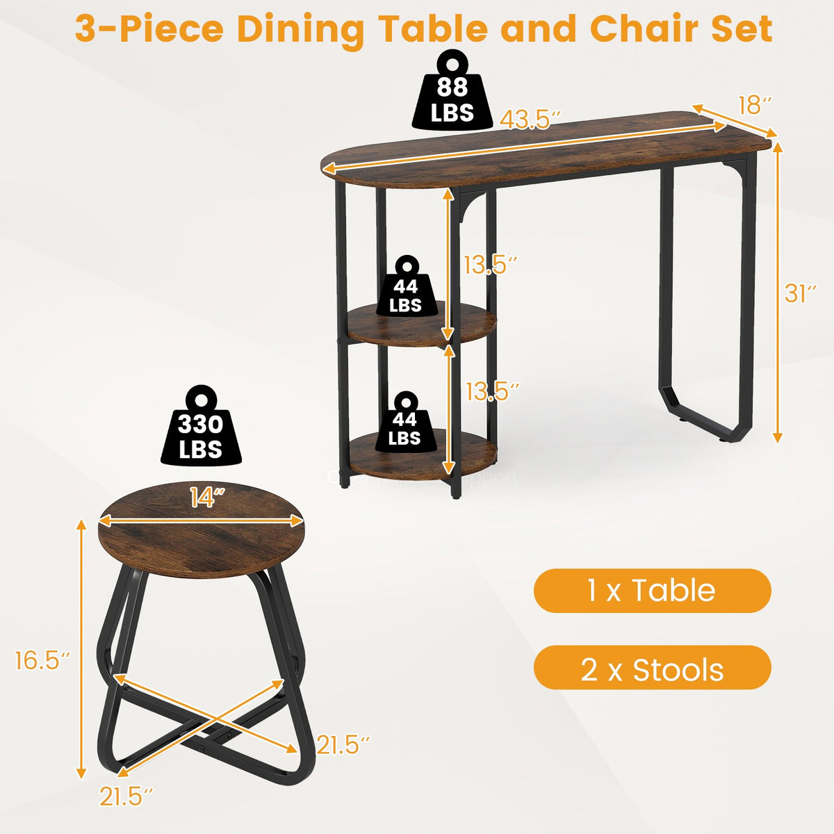 3-Piece Industrial Dining Table Set for Small Space