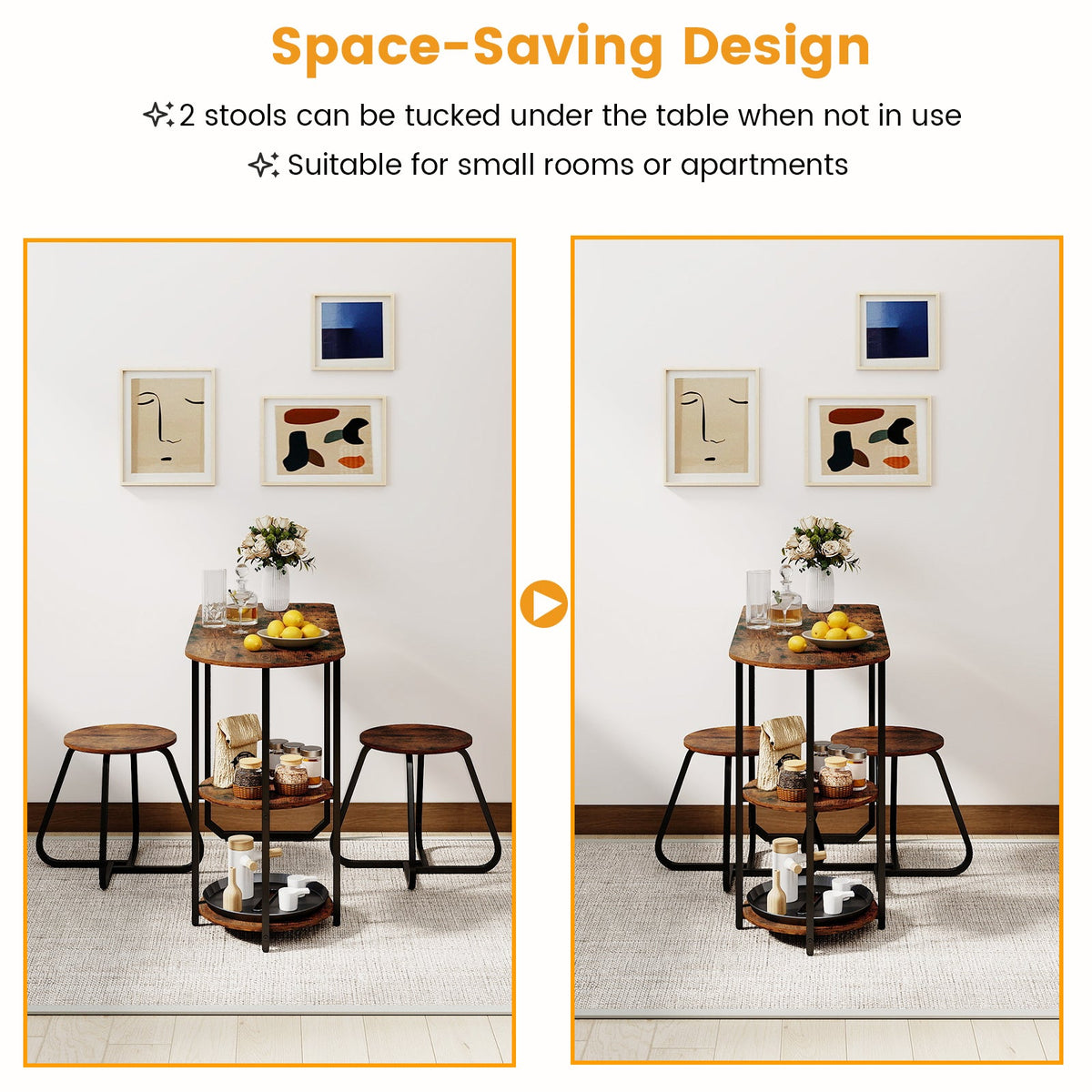 3-Piece Industrial Dining Table Set for Small Space
