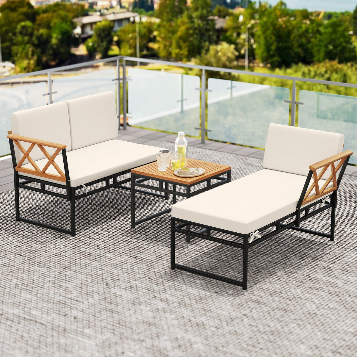 3-Piece L-Shaped Patio Set for Porch Backyard and Poolside-Beige