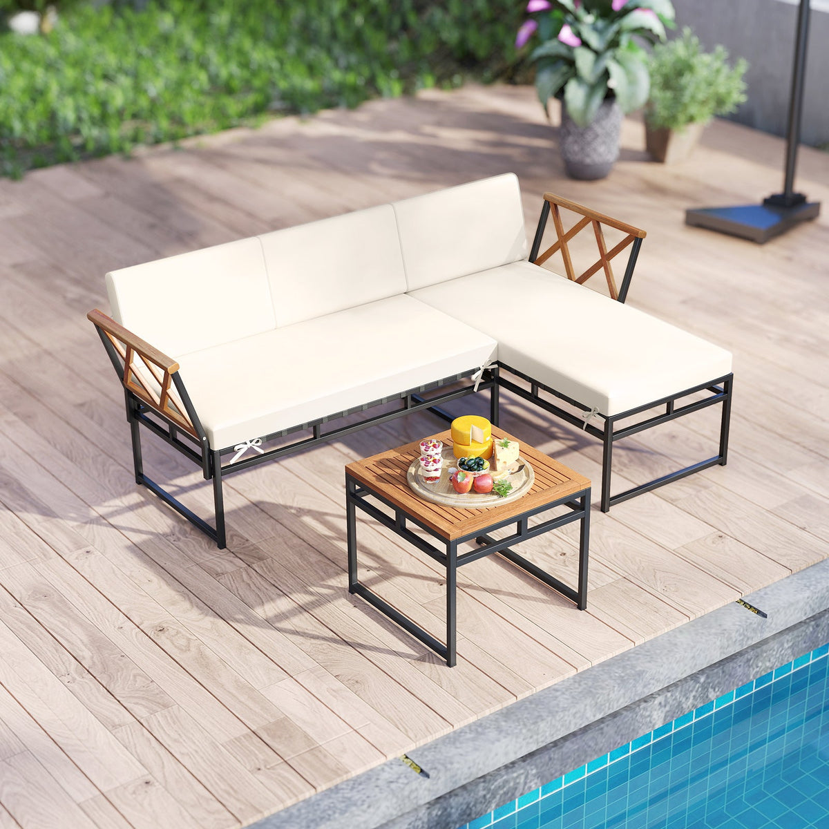 3-Piece L-Shaped Patio Set for Porch Backyard and Poolside-Beige